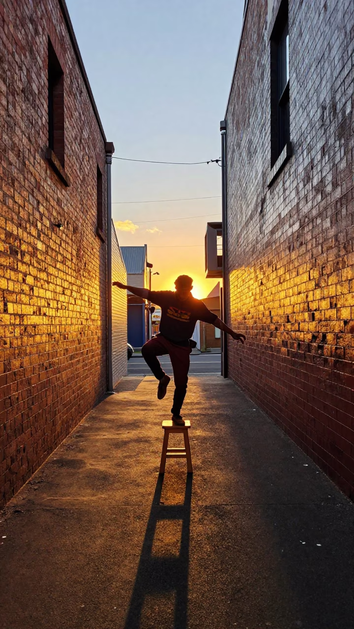 Colorful Street Performance in Melbourne laneway during golden hour with kite reel and stool in in Melbourne, Victoria, Australia