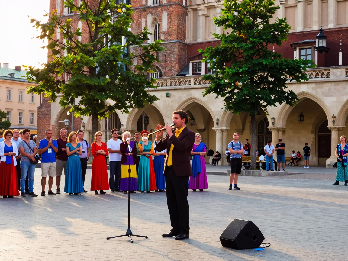 Colorful Street Performance with Recorder and Glass in Krakow Poland Early Afternoon in in Krakow, Poland