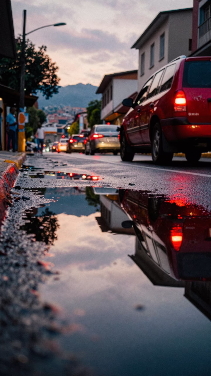Colorful Street Reflection in Puddle During Early Evening in Medellin Colombia in in Medellin, Colombia