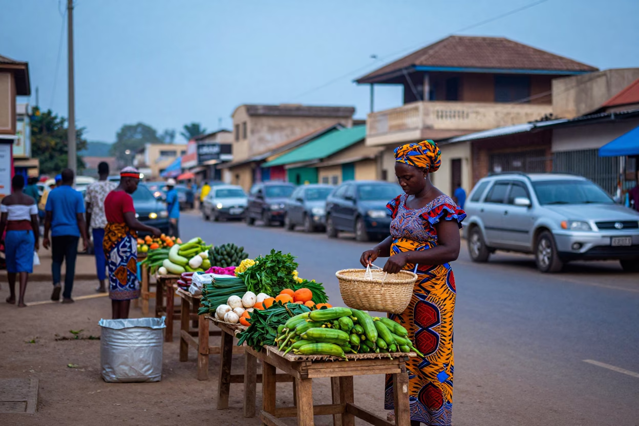 Colorful Street Scene in Accra Ghana at Nautical Dawn with Local Market Activity in in Accra, Ghana