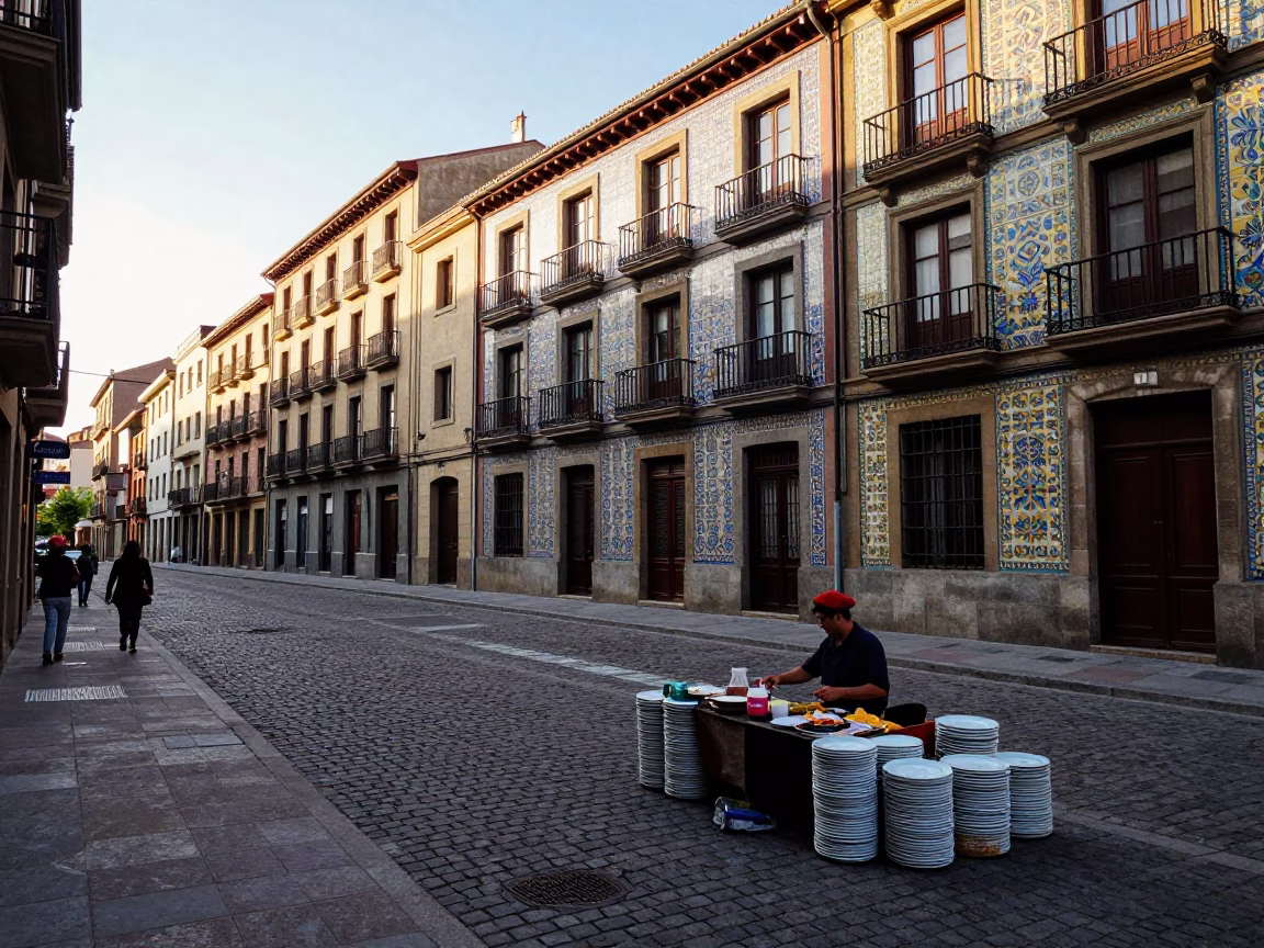 Colorful Street Scene in Bilbao Spain Early Afternoon with Stacked Plates and Crate in in Bilbao, Spain