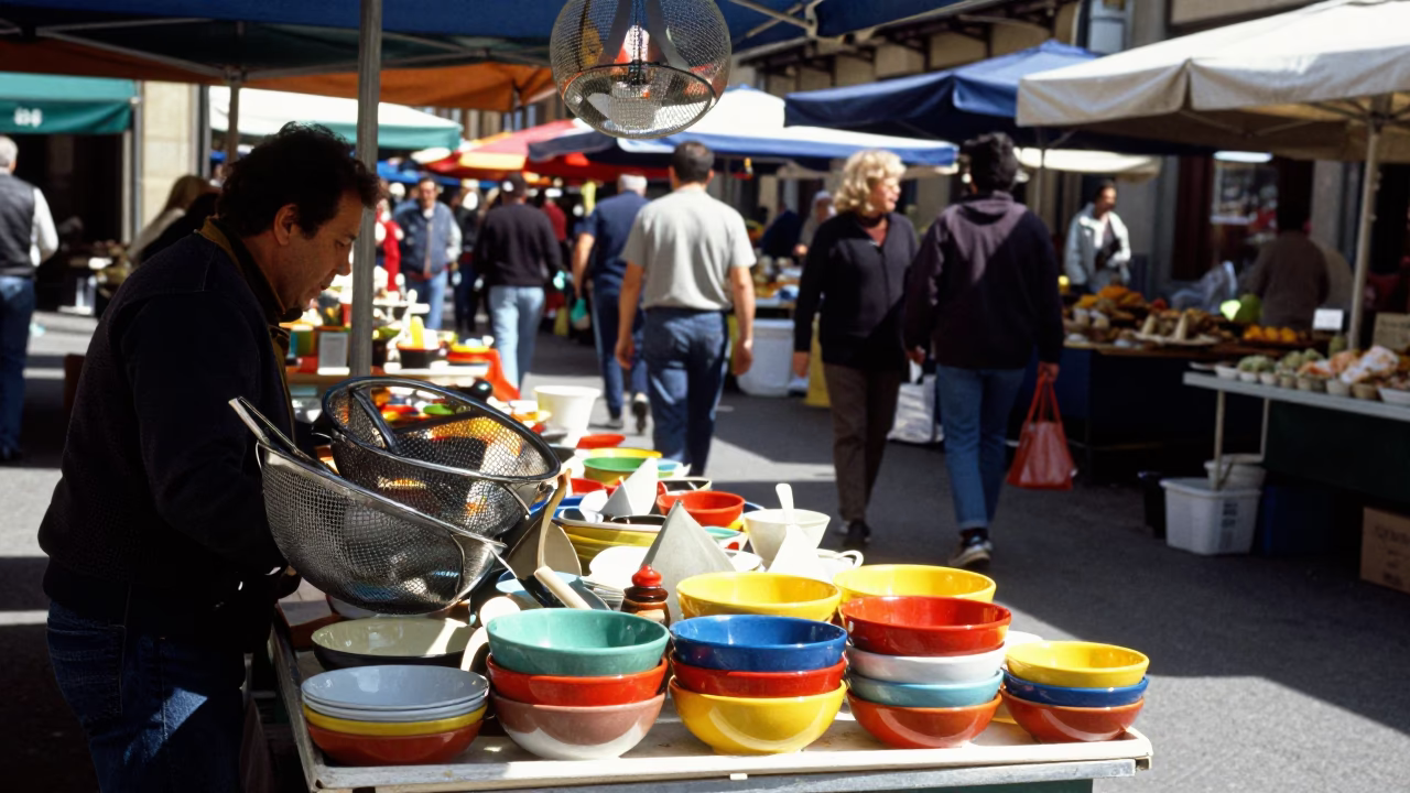 Colorful street scene in Bilbao with mesh colander and soup bowls in in Bilbao, Spain