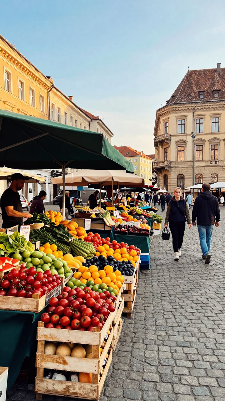 Colorful Street Scene in Budapest Early Afternoon with Local Market Activity in in Budapest, Hungary