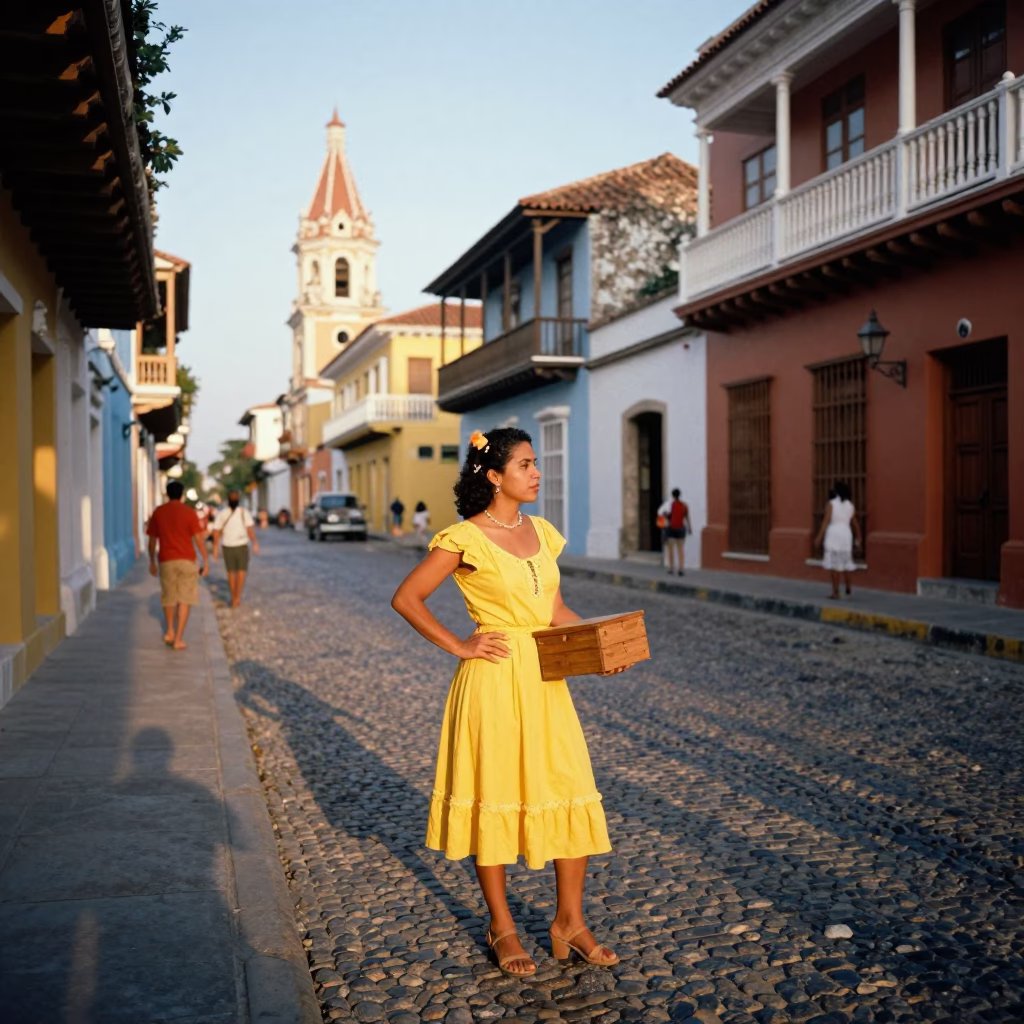 Colorful Street Scene in Cartagena Colombia Late Afternoon with Local Life in in Cartagena, Colombia