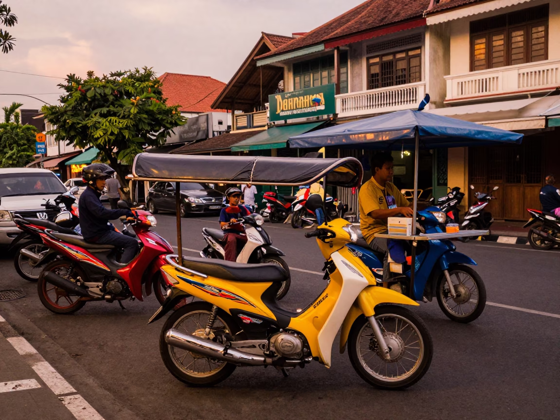 Colorful Street Scene in Denpasar Indonesia Before Dusk with Motorbikes and Local Life in in Denpasar, Indonesia