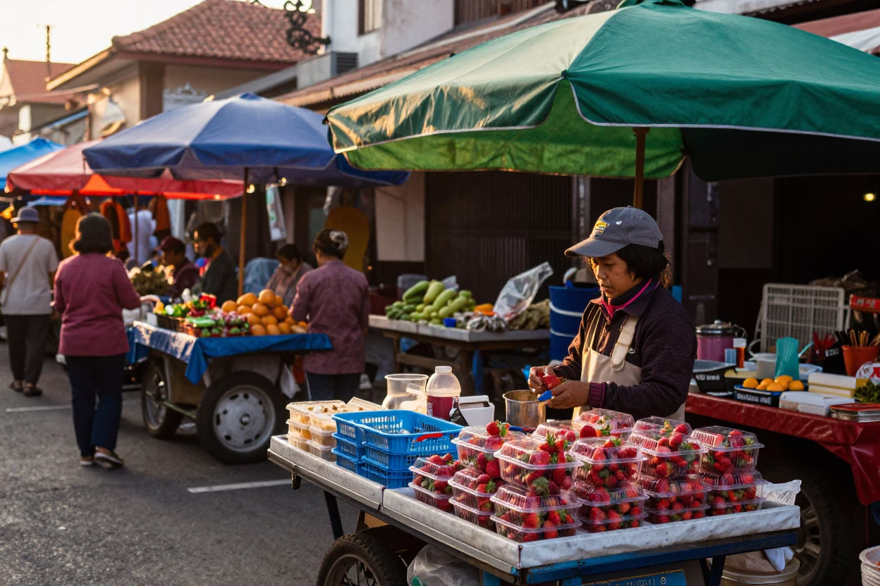 Colorful Street Scene in Denpasar Indonesia Golden Hour Market Activity in in Denpasar, Indonesia