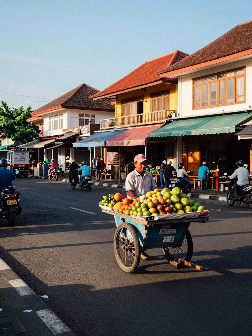Colorful Street Scene in Denpasar Indonesia Late Afternoon Light with Local Vendors in in Denpasar, Indonesia