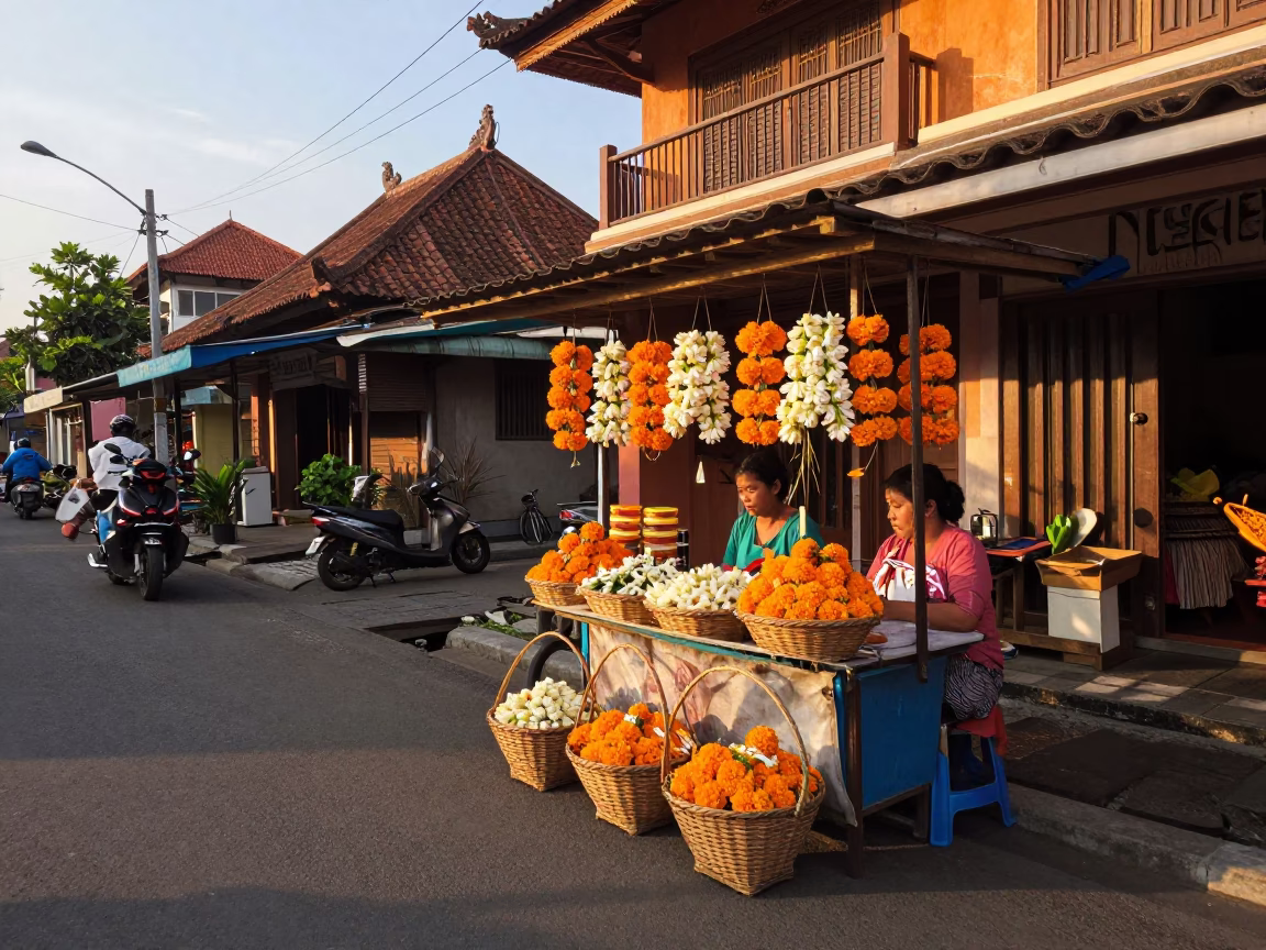 Colorful Street Scene in Denpasar Indonesia Late Afternoon with Traditional Balinese Architecture in in Denpasar, Indonesia