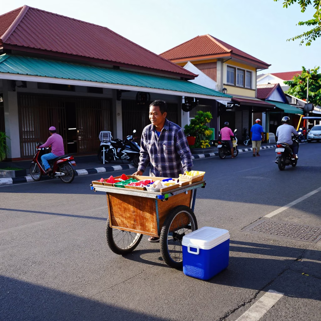 Colorful Street Scene in Denpasar Indonesia Late Morning with Rolling Carts and Coolers in in Denpasar, Indonesia