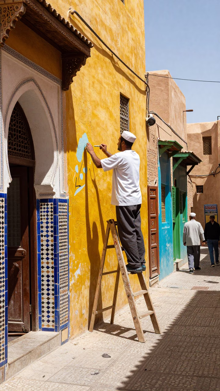 Colorful Street Scene in Fez Morocco Midday with Artist Painting Mural in in Fez, Morocco