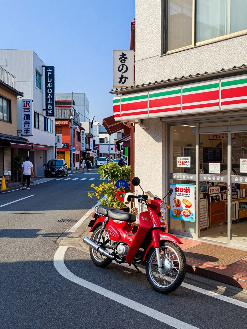 Colorful Street Scene in Fukuoka Japan Midmorning Light with Vintage Motorcycle and Urban Details in in Fukuoka, Japan
