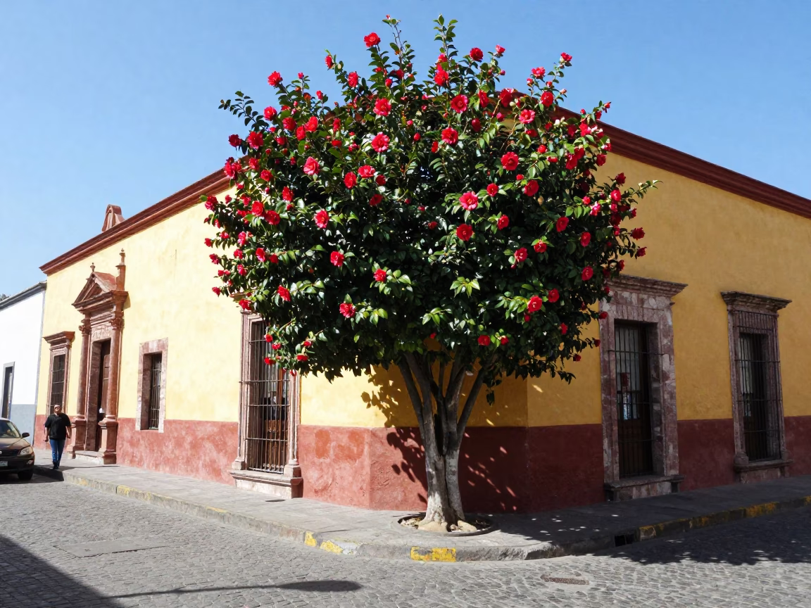 Colorful Street Scene in Guadalajara Mexico Midday with Camellia Flowers and Local Architecture in in Guadalajara, Mexico