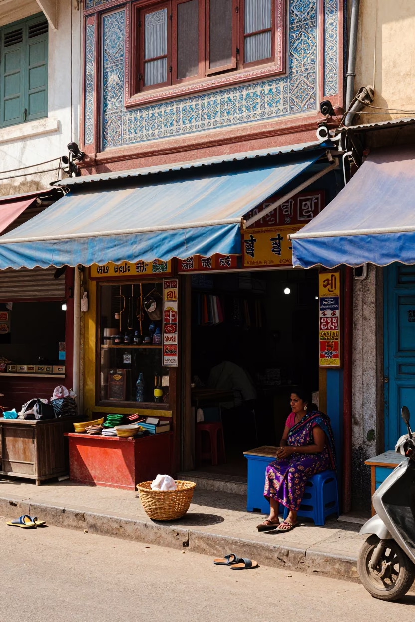 Colorful Street Scene in Hyderabad India Midday with Basket and Slippers in in Hyderabad, India