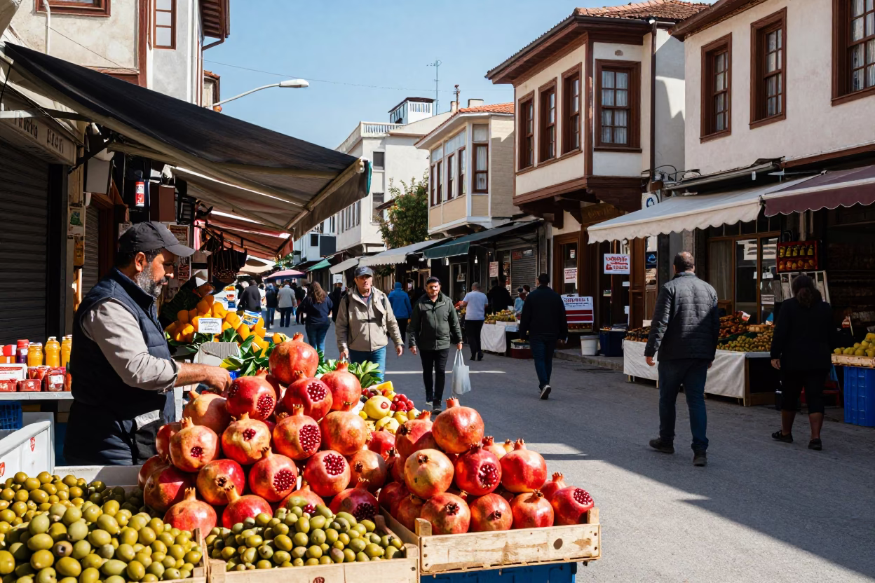 Colorful Street Scene in Izmir Turkey Midmorning Light with Local Market Activity in in Izmir, Turkey