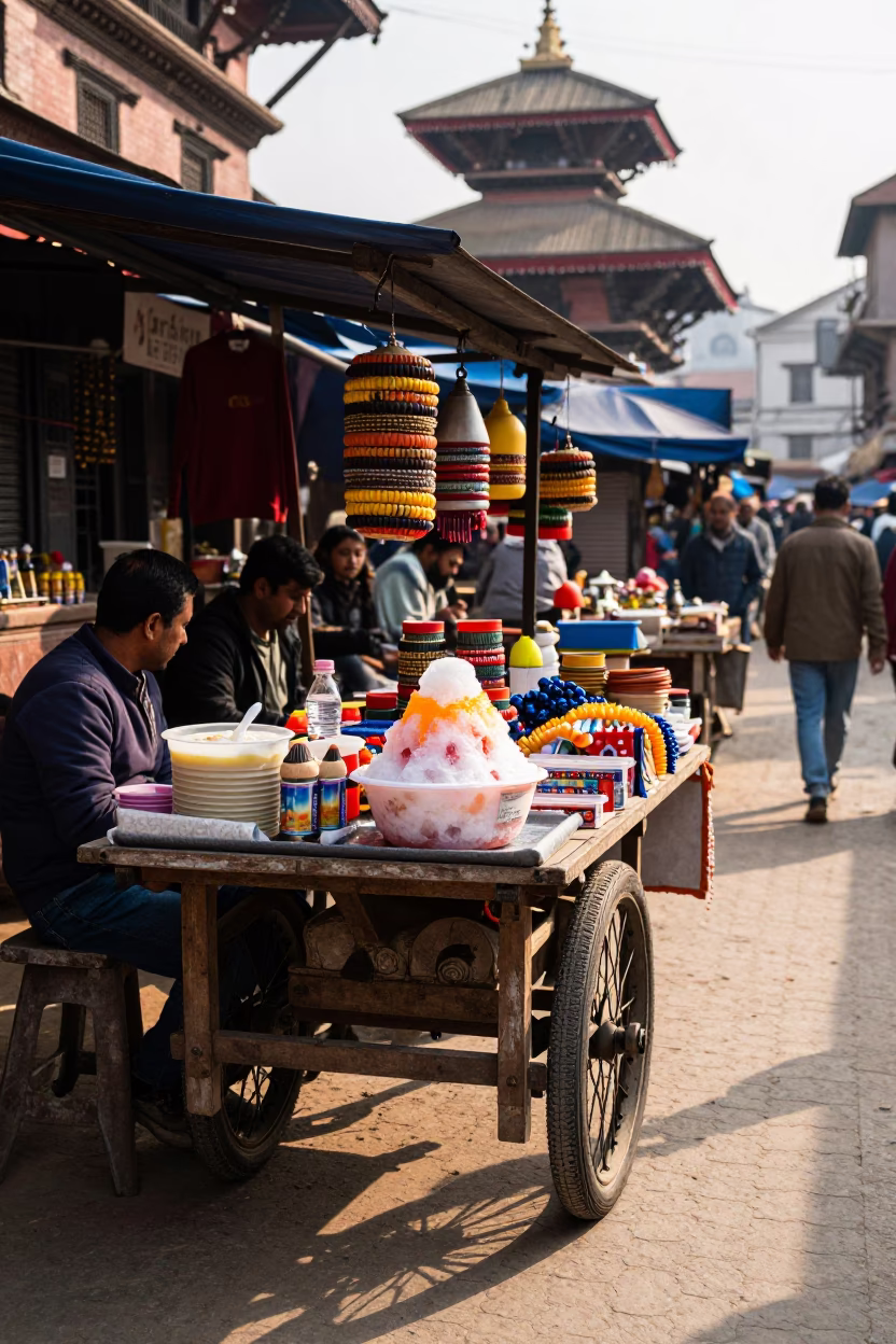 Colorful Street Scene in Kathmandu Nepal Late Morning with Local Market Activity in in Kathmandu, Nepal