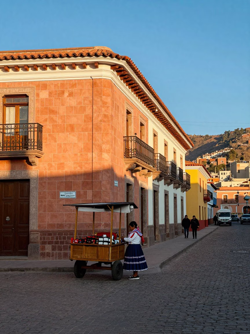 Colorful Street Scene in La Paz Bolivia Late Afternoon Light with Local Market Activity in in La Paz, Bolivia