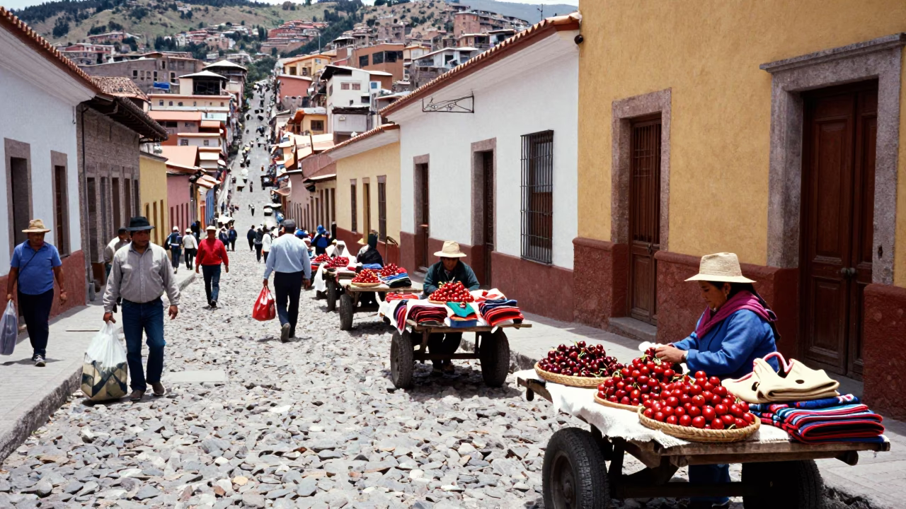 Colorful Street Scene in La Paz Bolivia Midday with Local Commerce and Urban Life in in La Paz, Bolivia