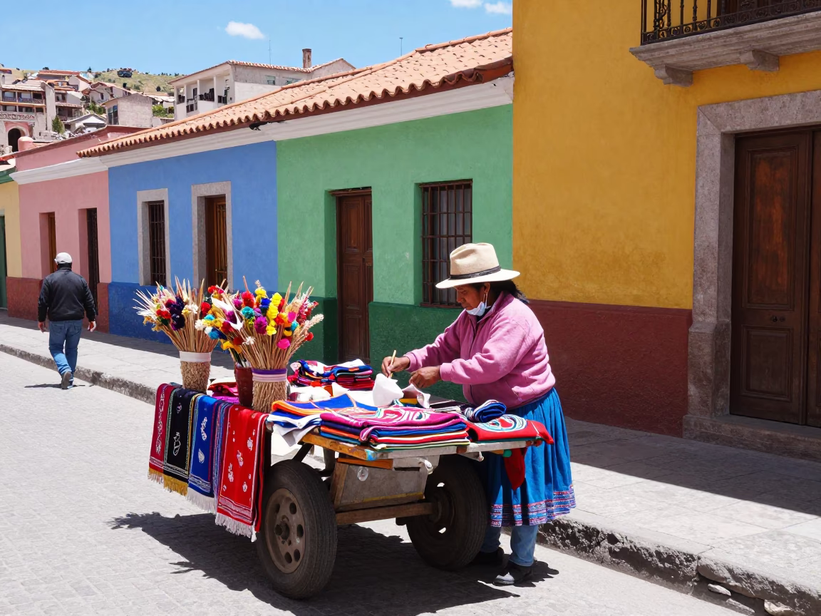 Colorful Street Scene in La Paz Bolivia with Local Vendors and Bright Midmorning Light in in La Paz, Bolivia