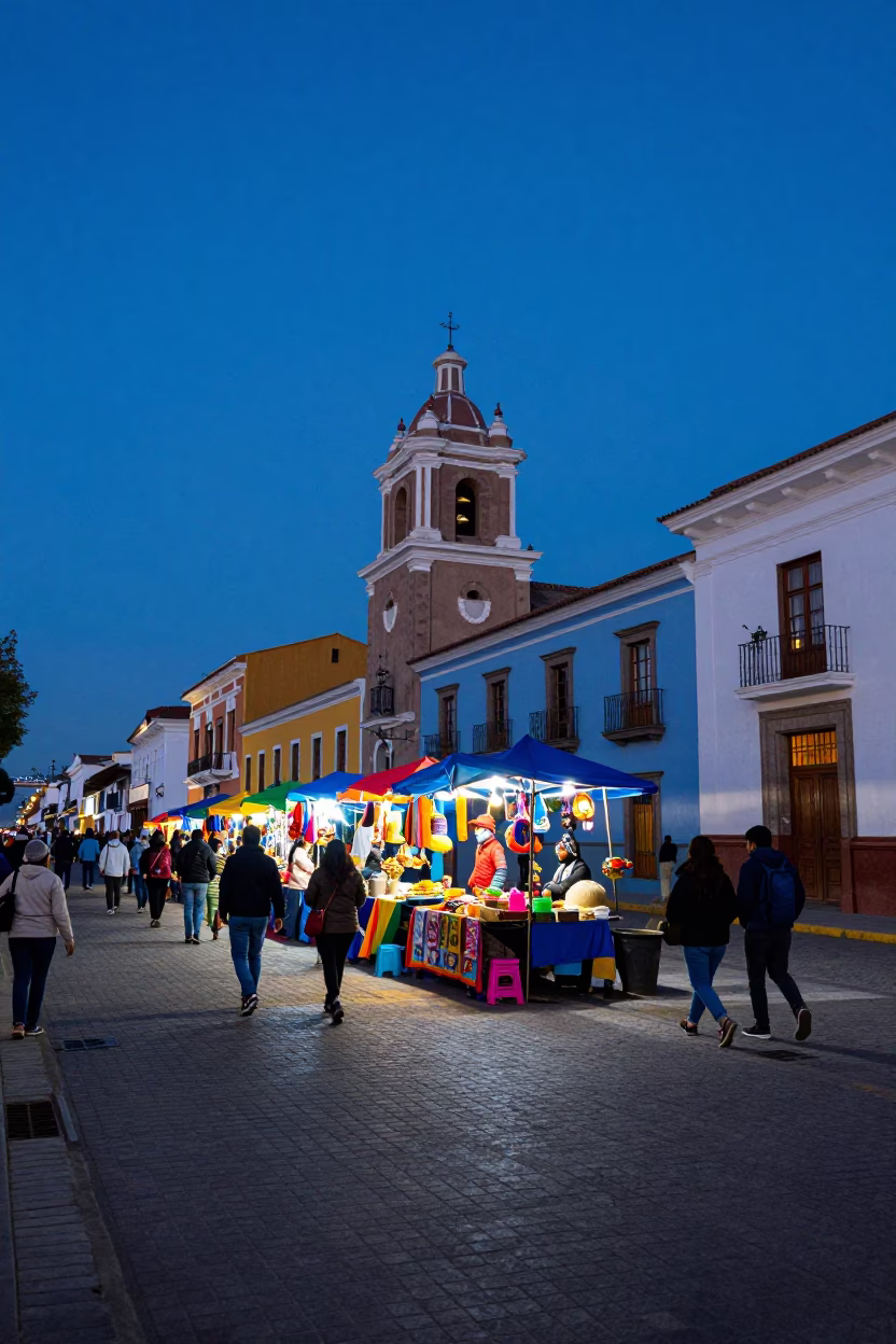 Colorful Street Scene in Lima Peru Evening Blue Light with Local Market Activity in in Lima, Peru