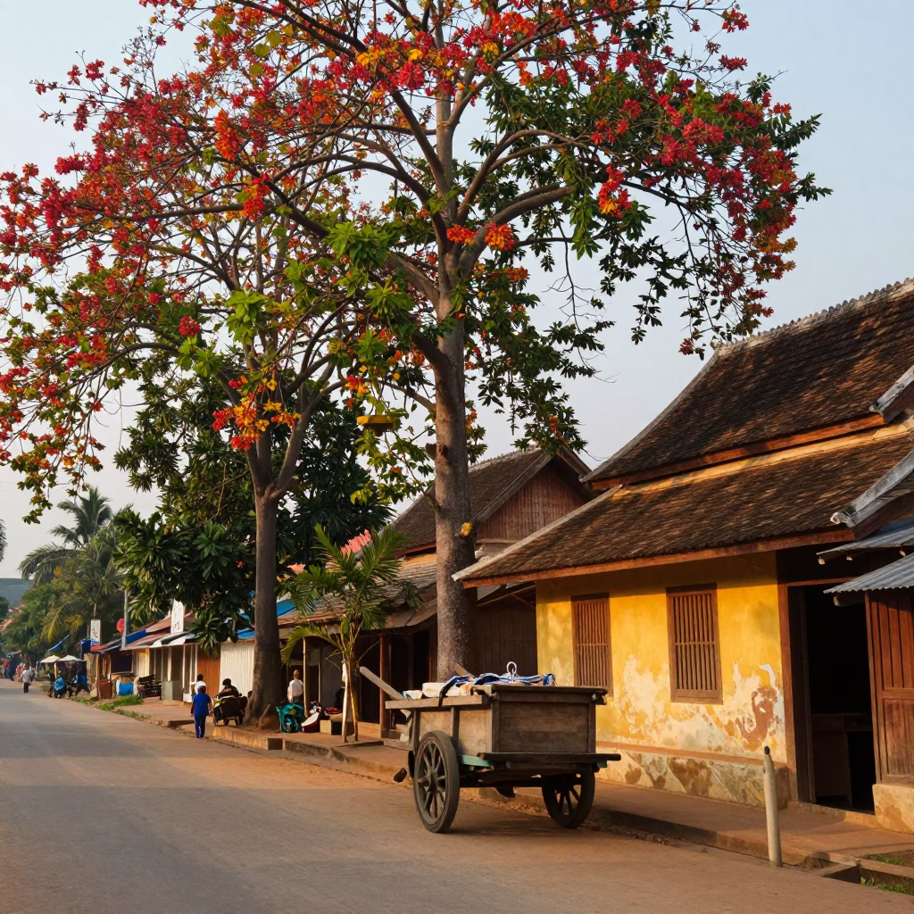 Colorful Street Scene in Luang Prabang Laos Early Afternoon with Local Life in in Luang Prabang, Laos