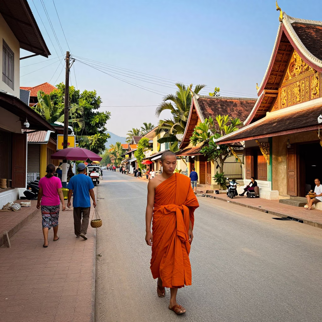 Colorful Street Scene in Luang Prabang Laos with Monk Alms and Local Market Activity in in Luang Prabang, Laos
