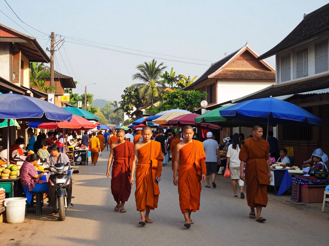 Colorful Street Scene in Luang Prabang Laos with Monks and Market Vendors in in Luang Prabang, Laos
