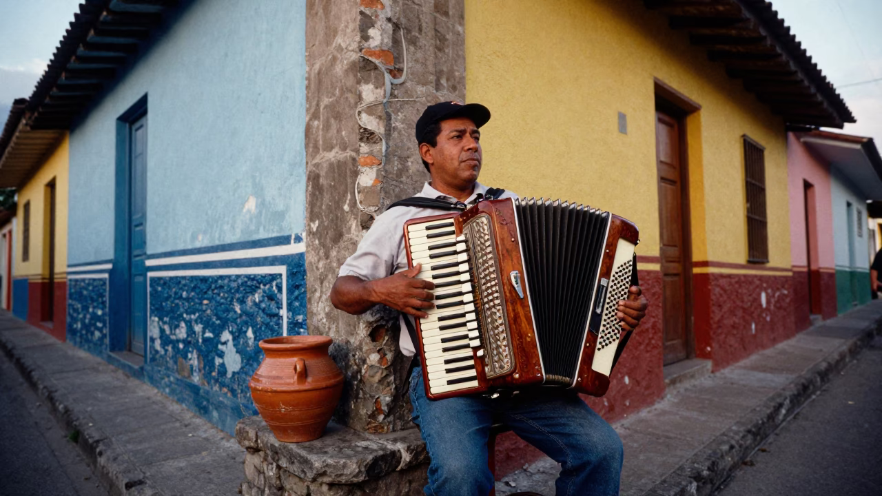 Colorful Street Scene in Medellin Colombia Early Evening with Accordion Player and Terracotta Pots in in Medellin, Colombia