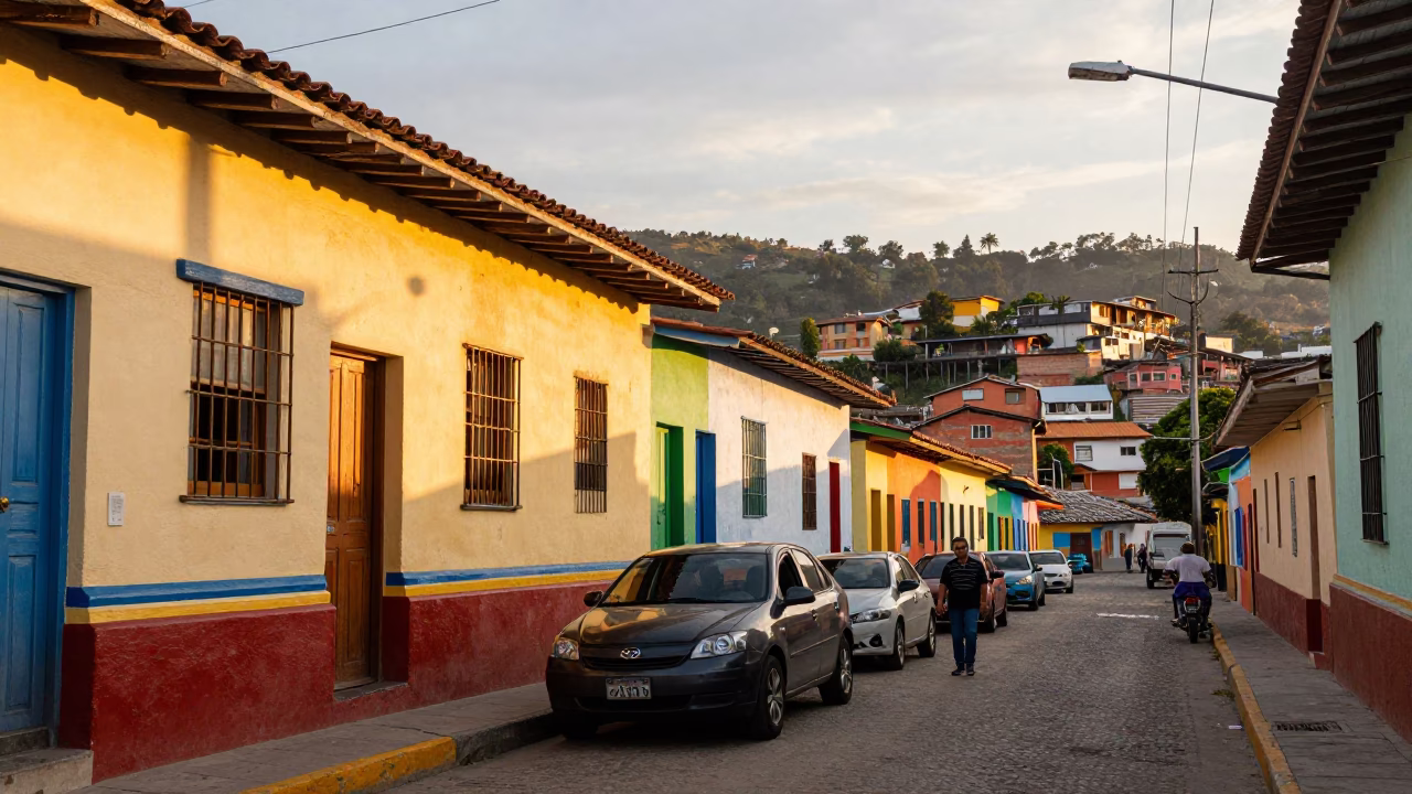 Colorful Street Scene in Medellin Colombia Late Afternoon with Vibrant Architecture and Local Life in in Medellin, Colombia