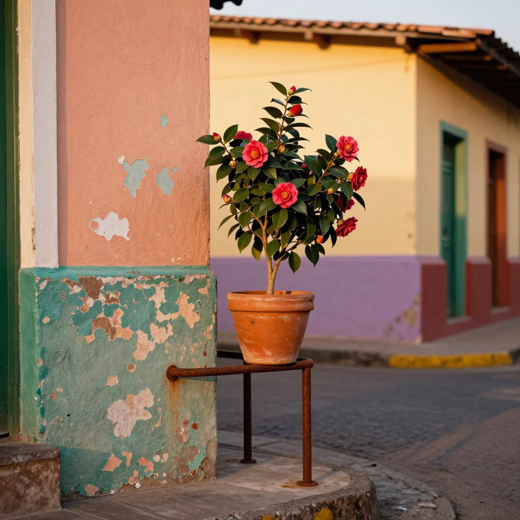 Colorful Street Scene in Medellin Colombia with Flowerpot and Camellia in Honeyed Evening Light in in Medellin, Colombia