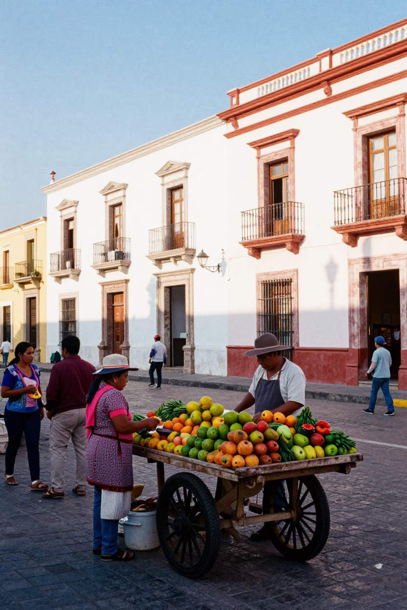 Colorful Street Scene in Merida Mexico Late Morning with Local Market Activity in in Merida, Mexico