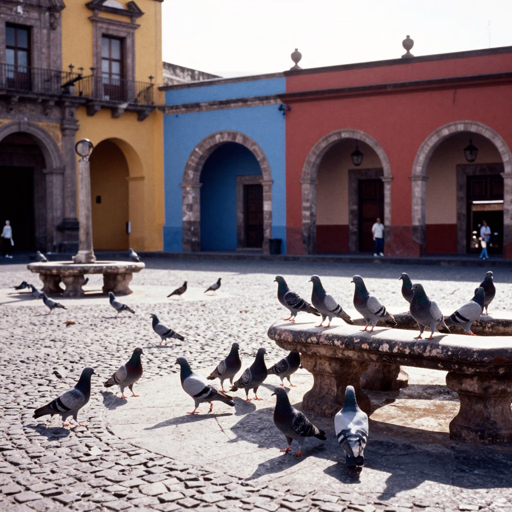 Colorful Street Scene in Merida Mexico with Pigeons and Vintage Details in in Merida, Mexico