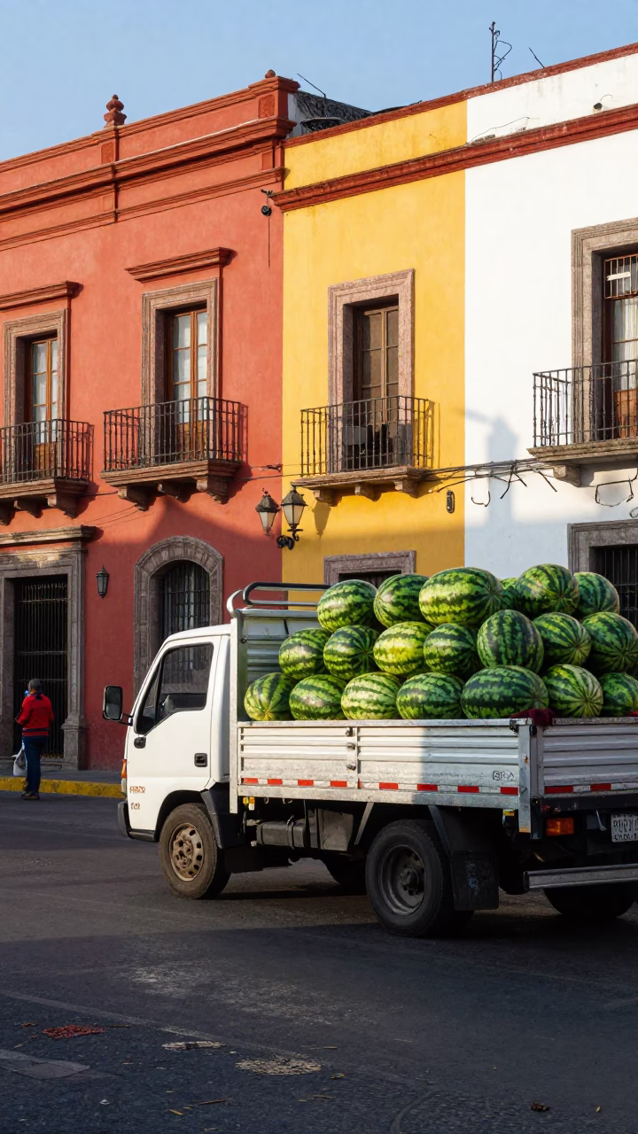 Colorful Street Scene in Mexico City Early Afternoon with Watermelon Truck and Bottle in in Mexico City, Mexico