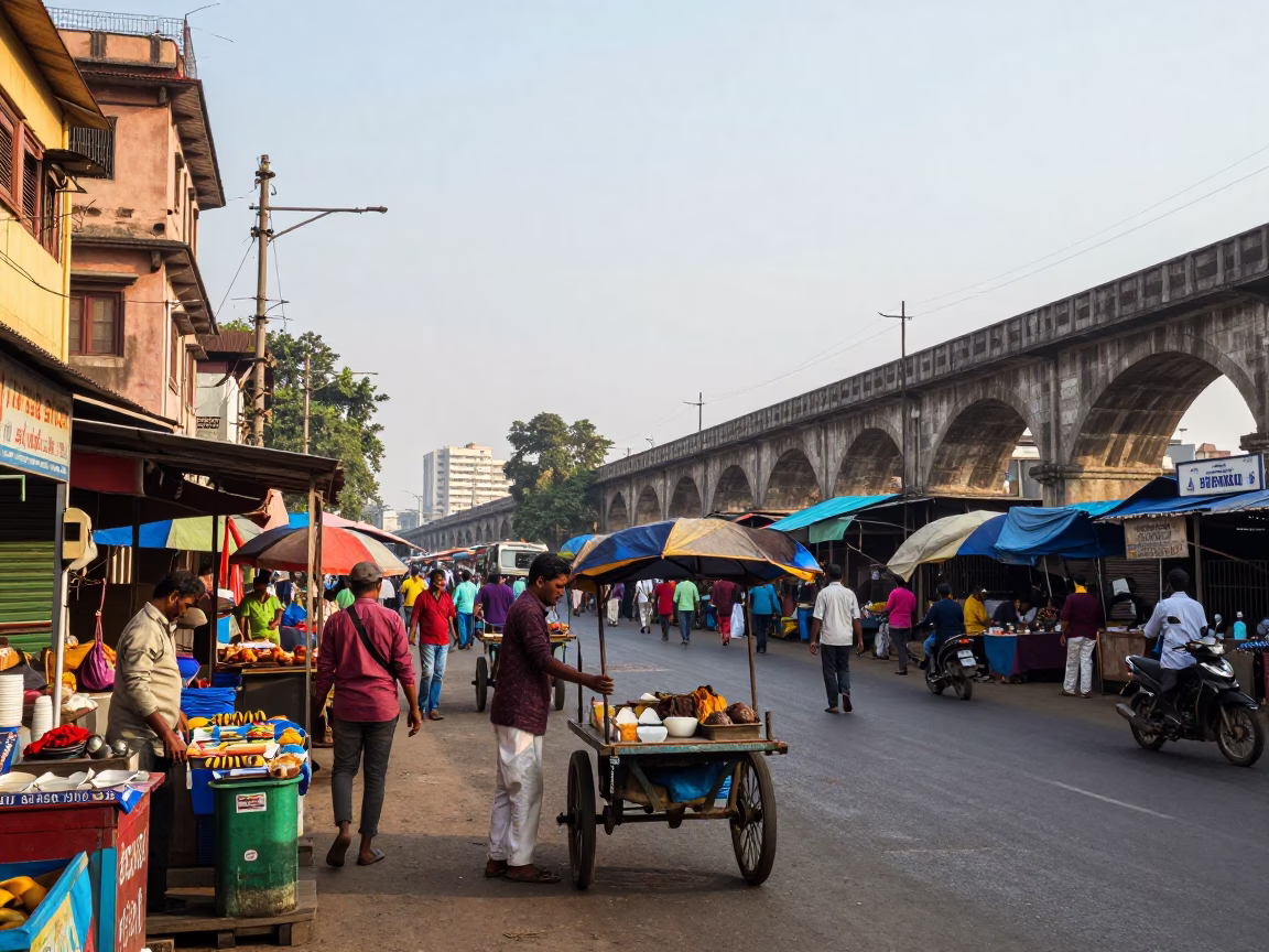 Colorful Street Scene in Mumbai India Late Morning with Local Market Activity in in Mumbai, India