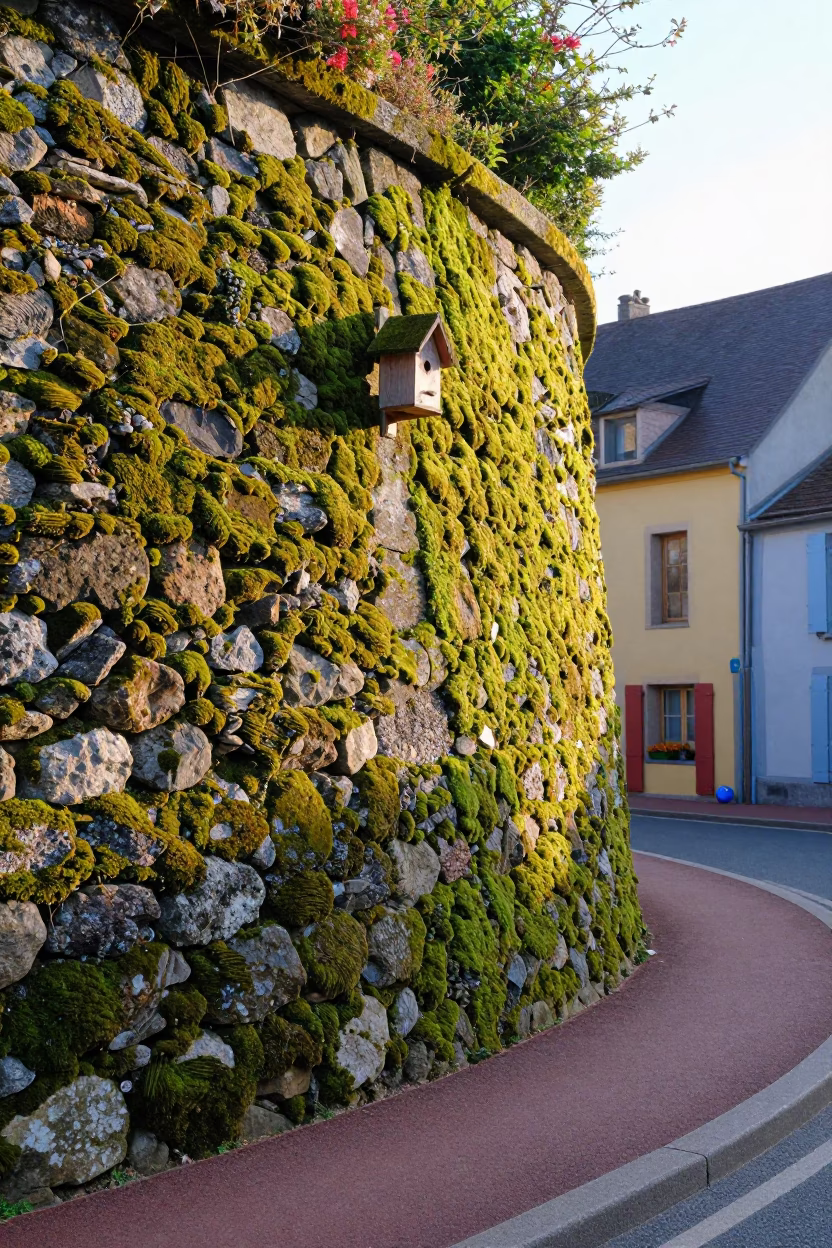 Colorful Street Scene in Nice France Morning with Mossy Stone Wall and Birdhouse in in Nice, France