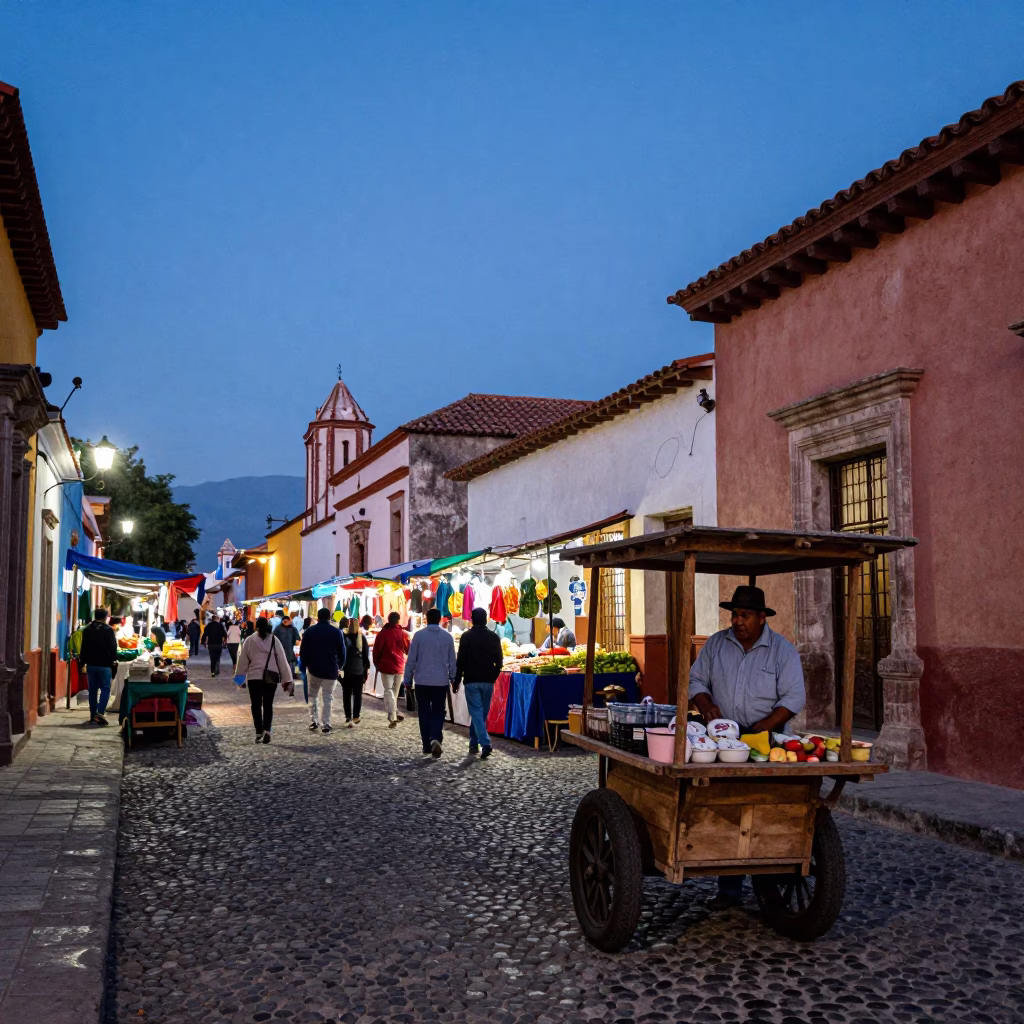 Colorful Street Scene in Oaxaca Mexico Evening Light with Local Market Activity in in Oaxaca, Mexico