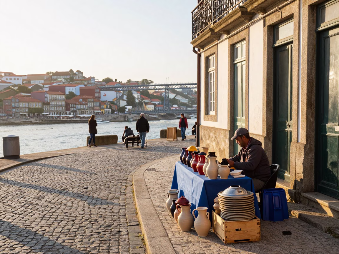 Colorful Street Scene in Porto Portugal Just After Sunrise with Local Market Details in in Porto, Portugal
