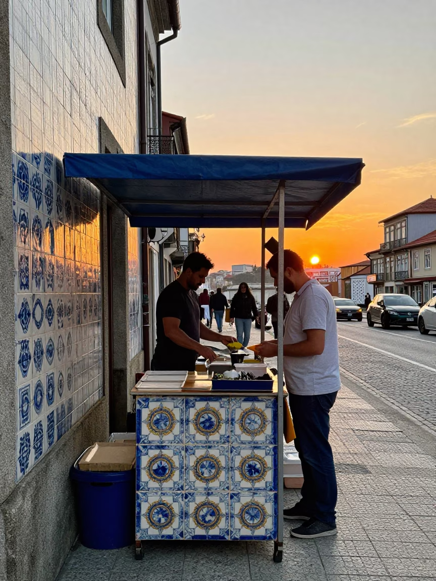 Colorful Street Scene in Porto Portugal with Traditional Azulejo Tiles and Sunset Lighting in in Porto, Portugal