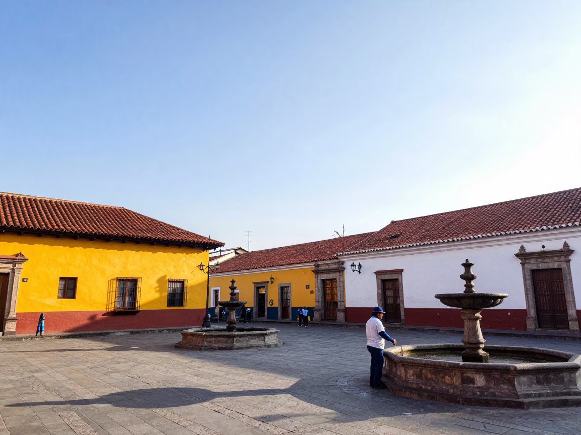 Colorful Street Scene in Quito Ecuador Midmorning Light with Traditional Architecture in in Quito, Ecuador