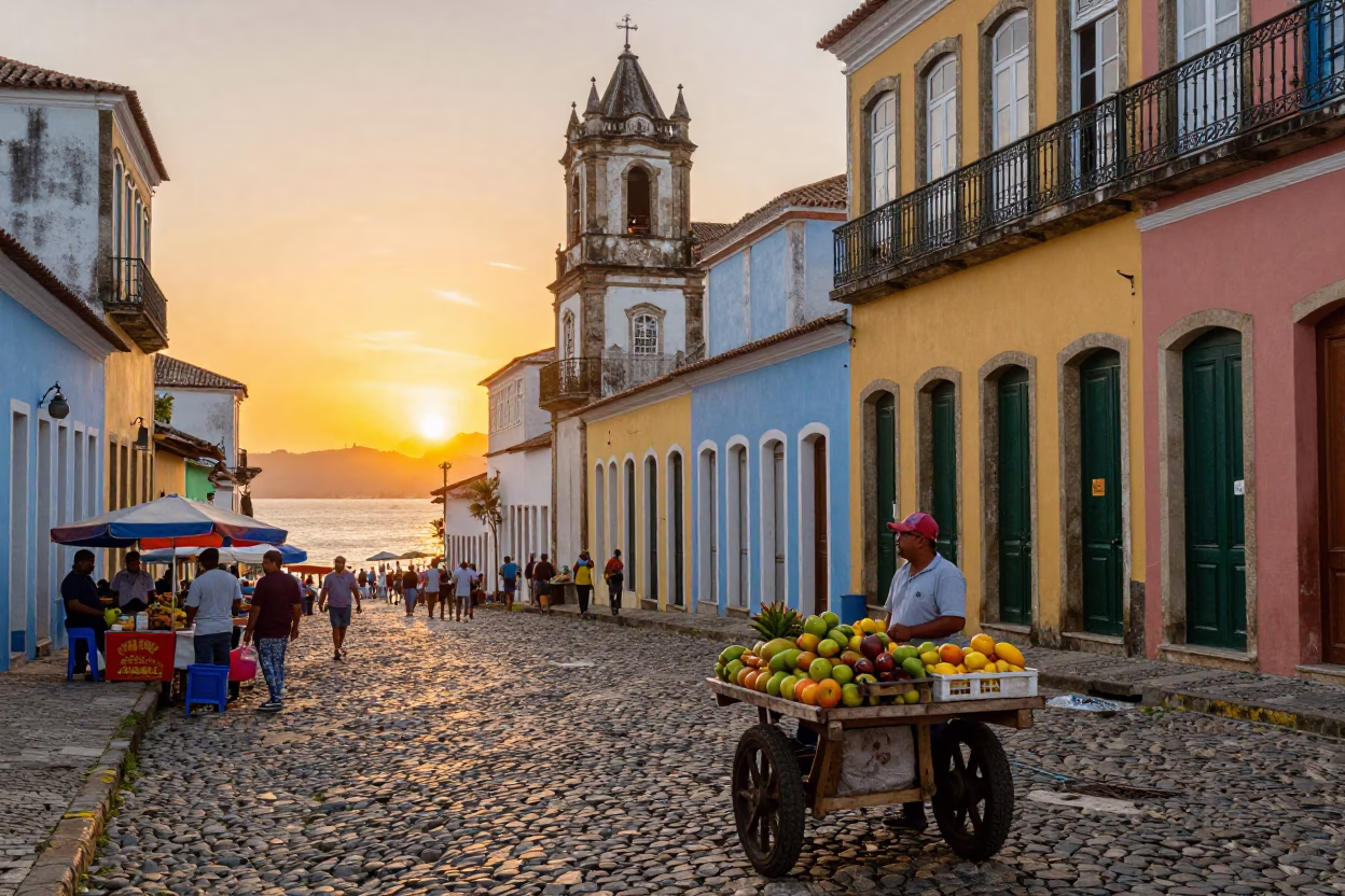 Colorful Street Scene in Salvador Brazil at Sunset with Local Market Activity in in Salvador, Brazil