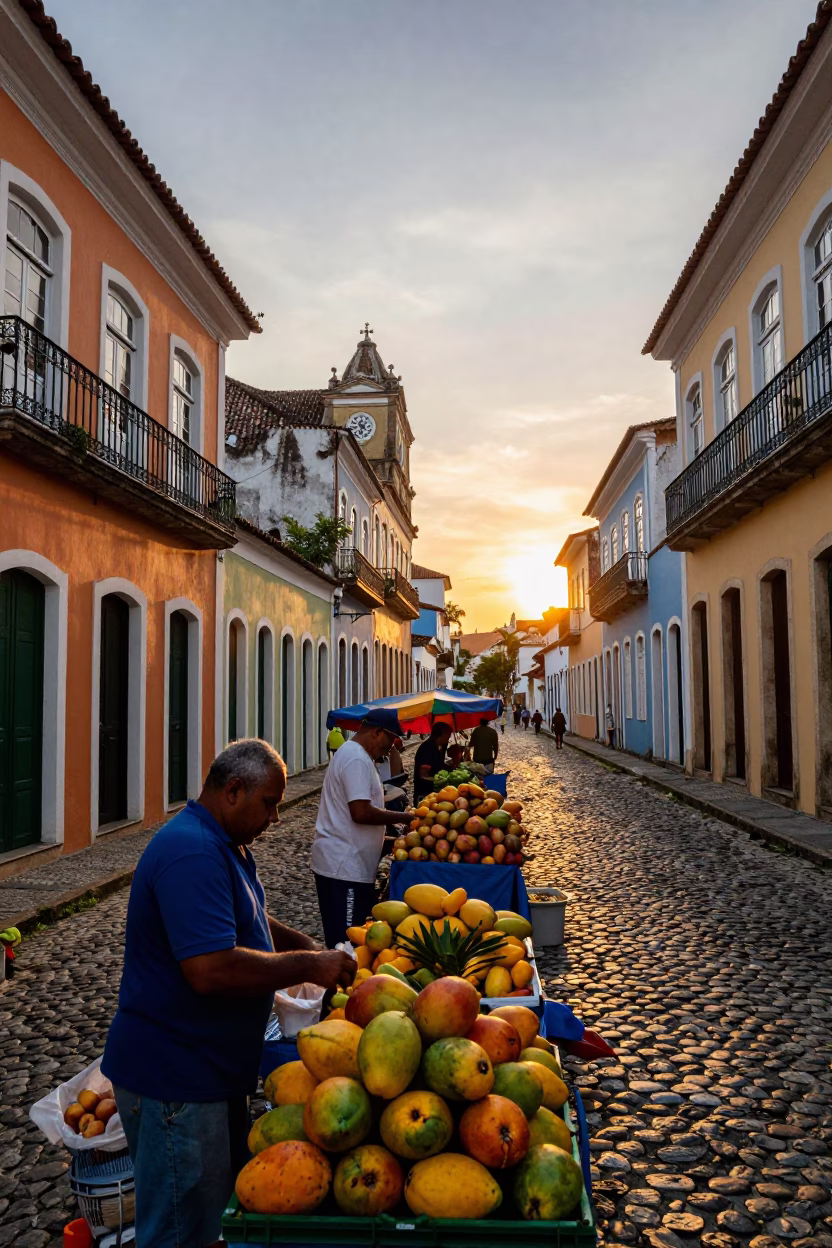 Colorful Street Scene in Salvador Brazil at Sunset with Local Market Details in in Salvador, Brazil