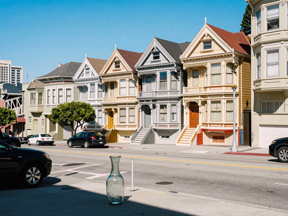 Colorful Street Scene in San Francisco Midday with Glass Vase and Baguettes in in San Francisco, California, United States