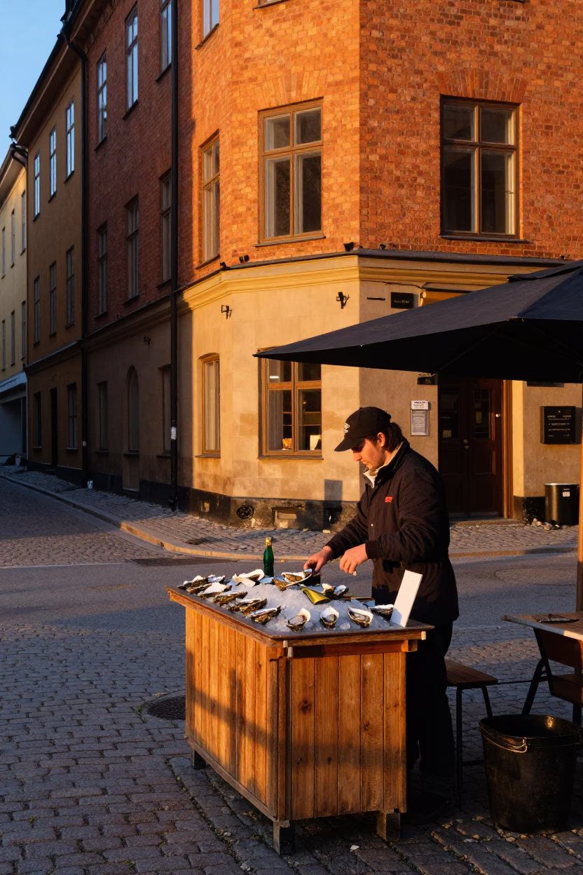 Colorful Street Scene in Stockholm Sweden During Honeyed Evening Light with Local Details in in Stockholm, Sweden