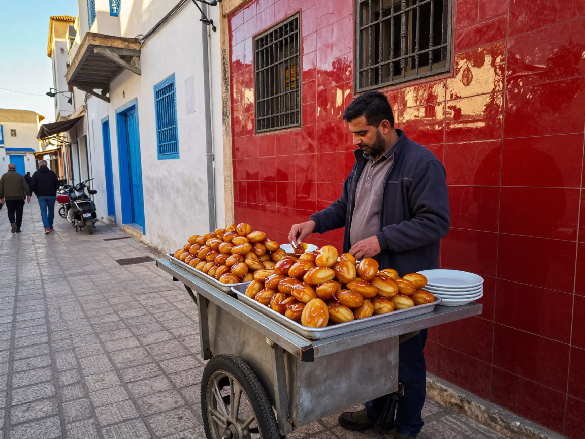 Colorful Street Scene in Tunis Tunisia Late Morning with Honey Drizzled Loukoumades in in Tunis, Tunisia