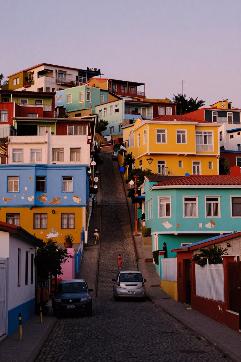 Colorful Street Scene in Valparaiso Chile Early Evening with Local Art and Urban Life in in Valparaiso, Chile