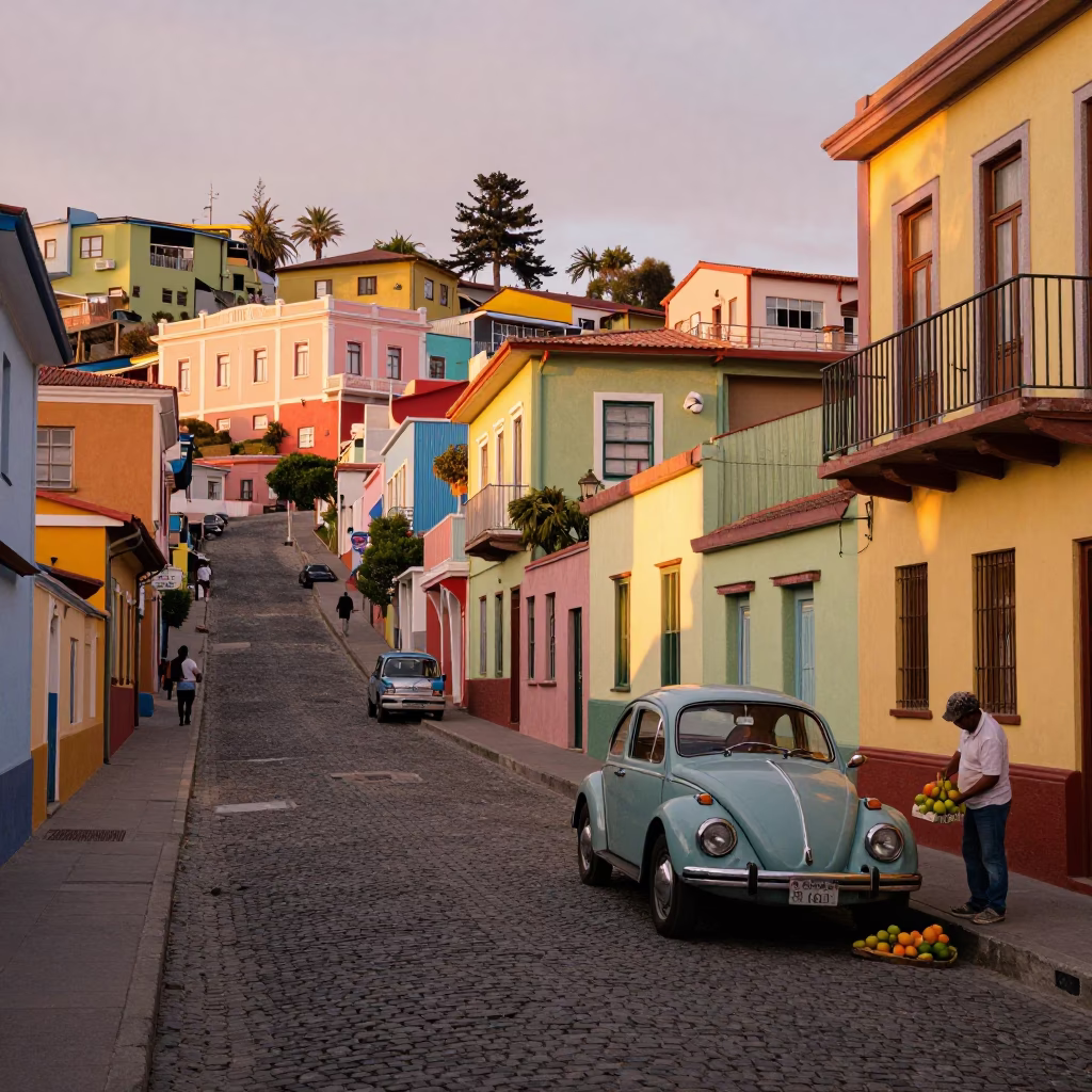 Colorful Street Scene in Valparaiso Chile Evening Light in in Valparaiso, Chile