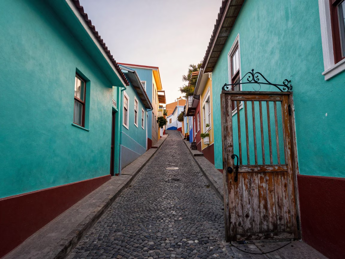 Colorful Street Scene in Valparaiso Chile Just After Sunrise in in Valparaiso, Chile