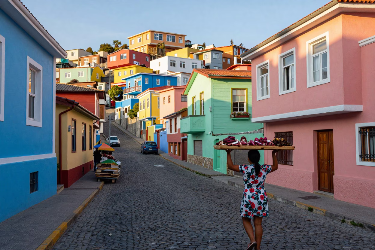 Colorful Street Scene in Valparaiso Chile Late Morning with Local Market Activity in in Valparaiso, Chile