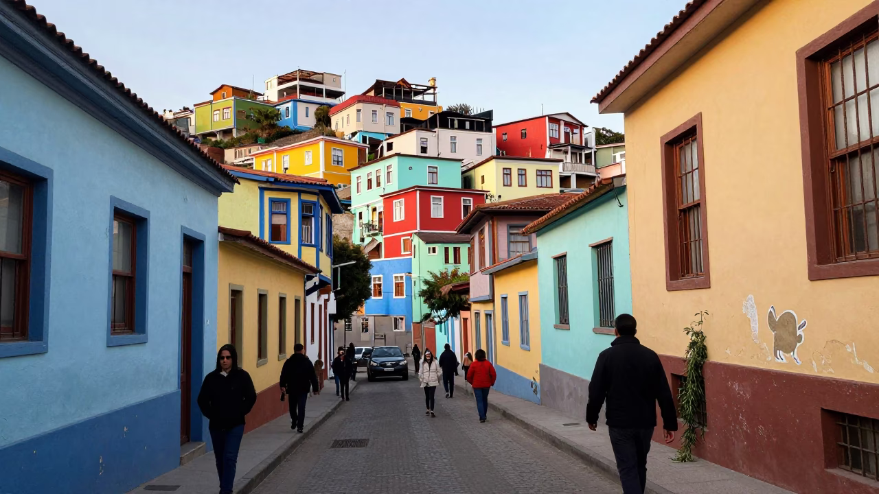 Colorful Street Scene in Valparaiso Chile with Iron Hook and Rosemary Sprigs in in Valparaiso, Chile