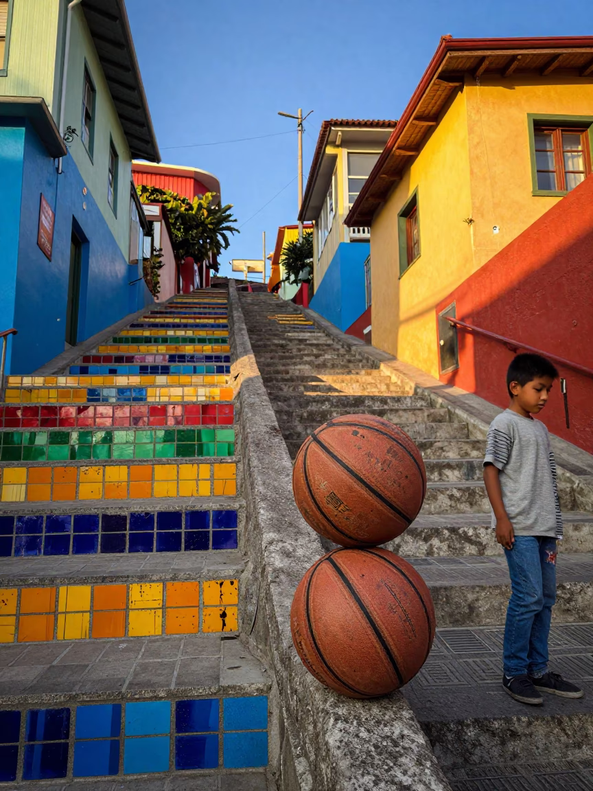 Colorful Street Scene in Valparaiso Chile with Old Leather Basketball and Local Architecture in in Valparaiso, Chile