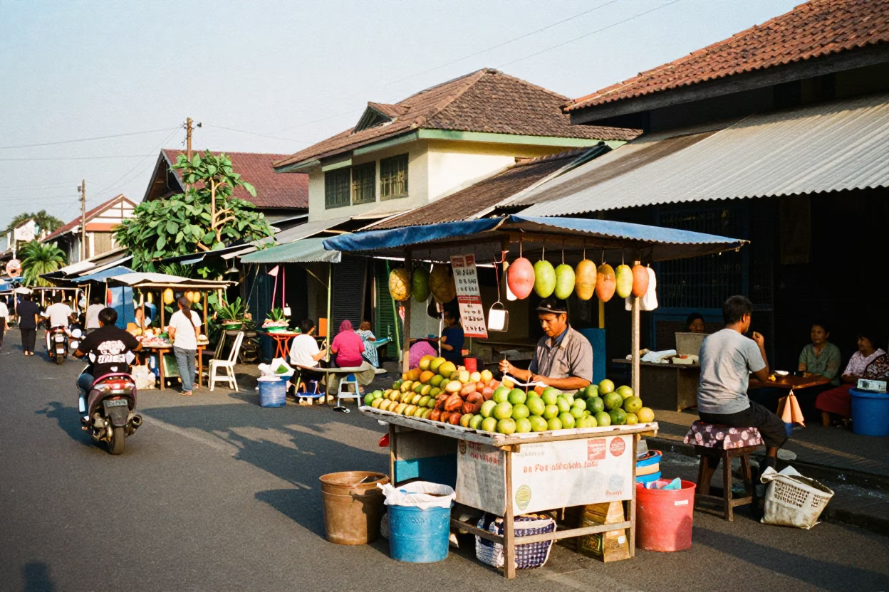 Colorful Street Scene in Yogyakarta Indonesia Late Afternoon Light with Local Market Activity in in Yogyakarta, Indonesia